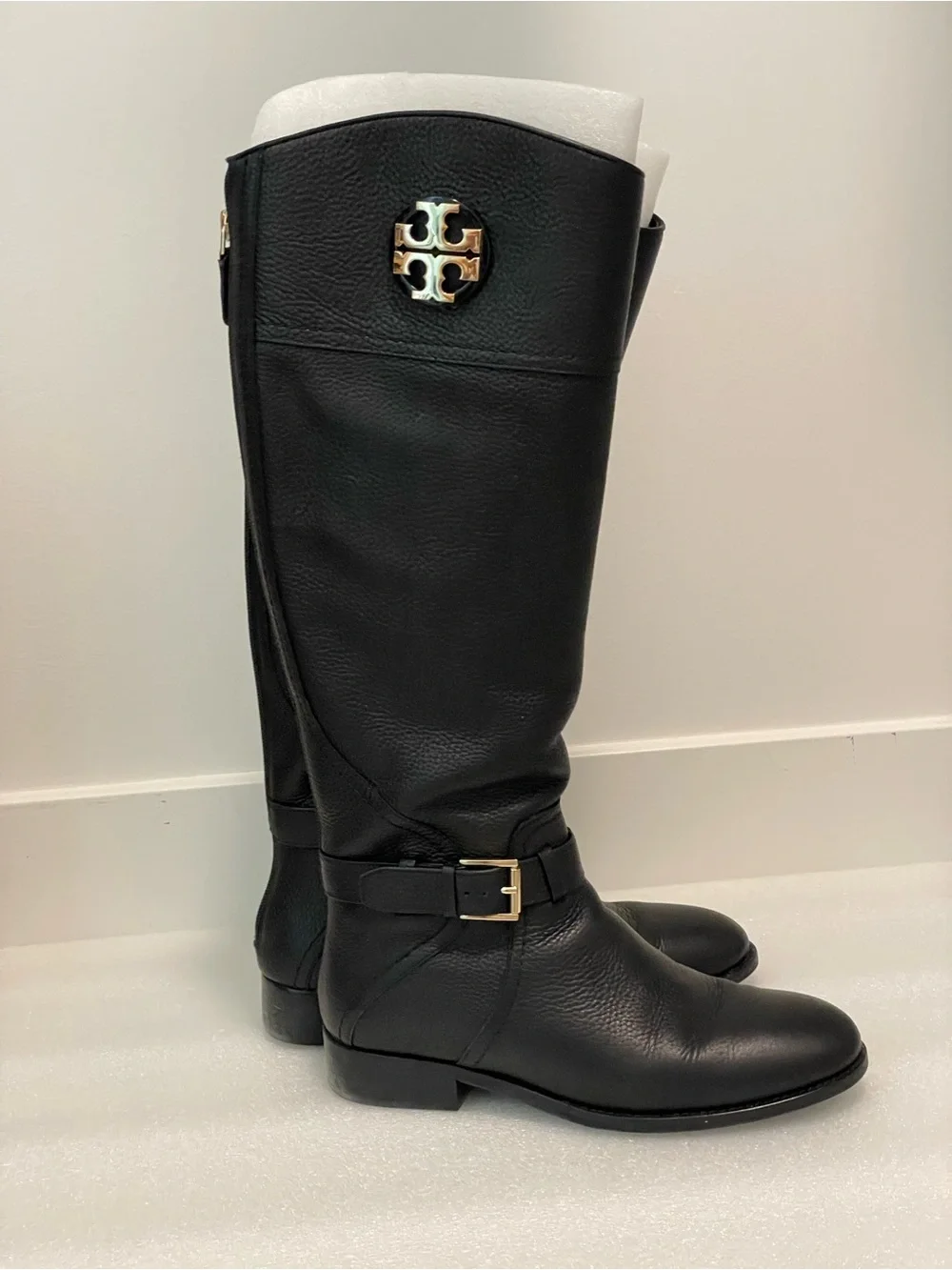 Tory Burch Black Leather Over-the-Knee Riding Boots with Gold Logo
